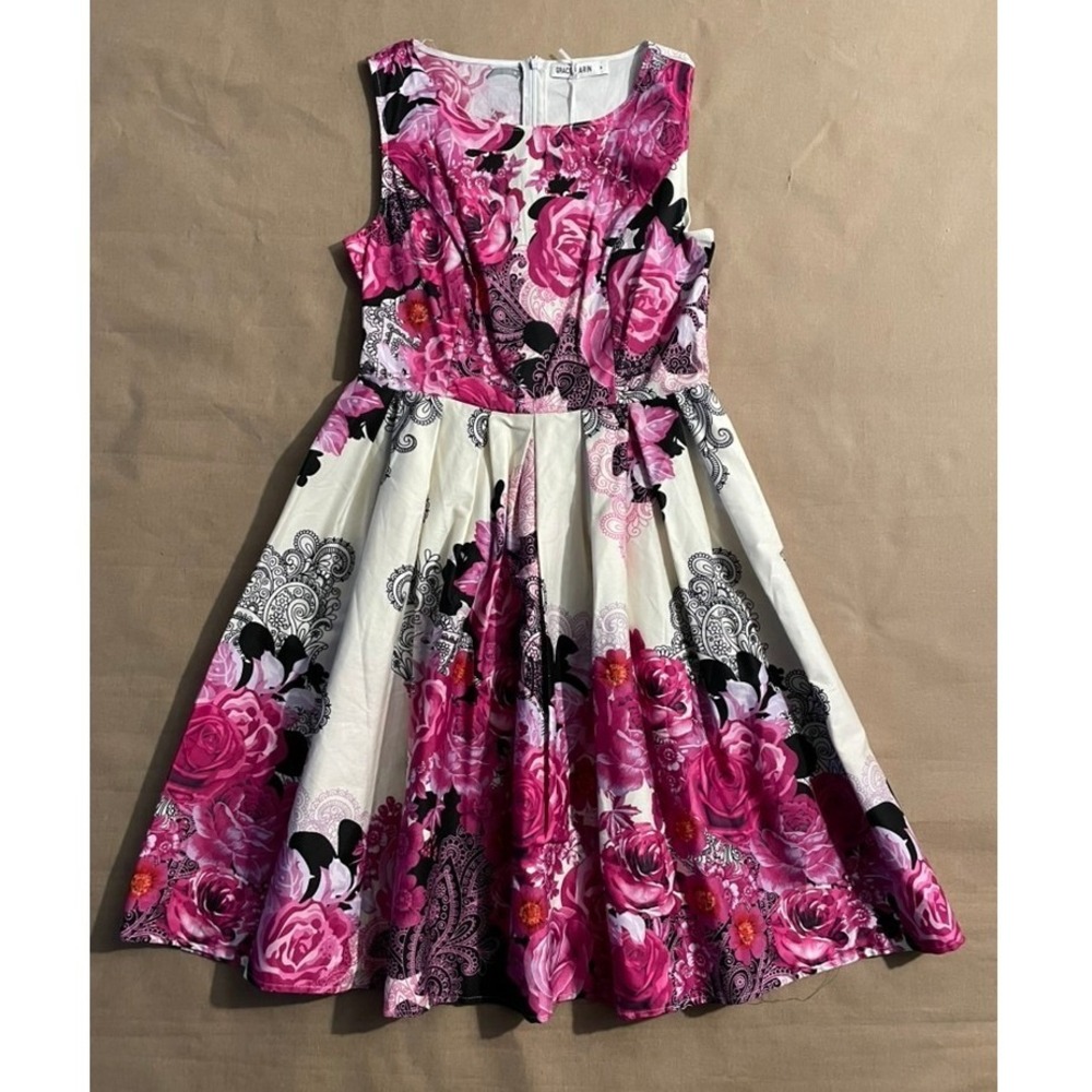 NWT Grace Karin Retro Swing Dress M White Pink Floral Fit & Flare Pleated Skirt